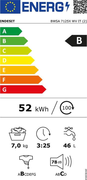 Label énergétique Indesit BWSA 7125X WV FR Lave-linge à chargement frontal 7 kg 1200 tr/min B Blanc (7 kg, Gauche)