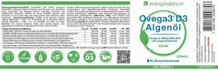 Nutritional values and ingredients Energybalance Ovega3 D3 algae oil (1 Piece, Droplet)