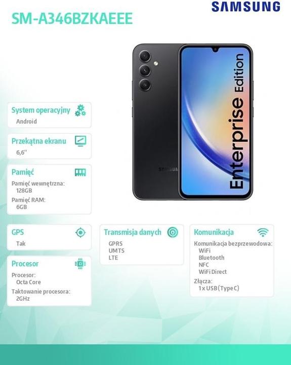Immagine prodotto Samsung Galaxy A34 Enterprise Edition (128 GB, Fantastica grafite, 6.60", Doppia SIM, 48 Mpx, 5G)