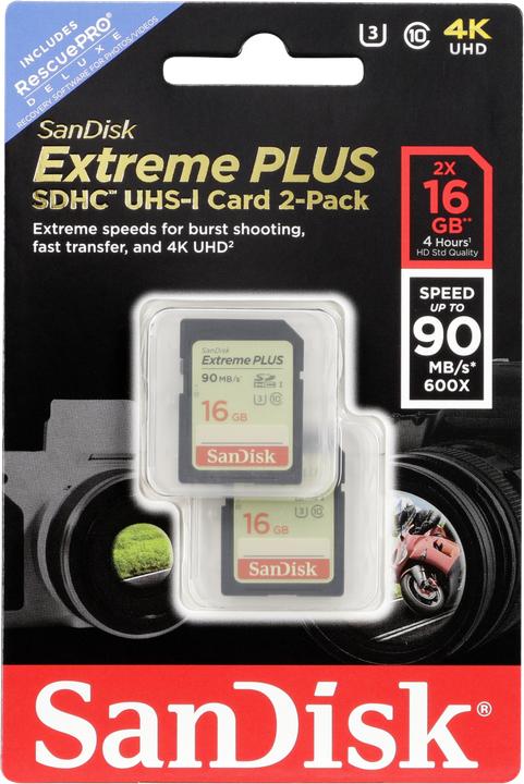 Immagine prodotto Sandisk Extreme Plus 2-Pack 16GB 90MB/s. UHS-I (16 GB, SDHC, U3, UHS-I)