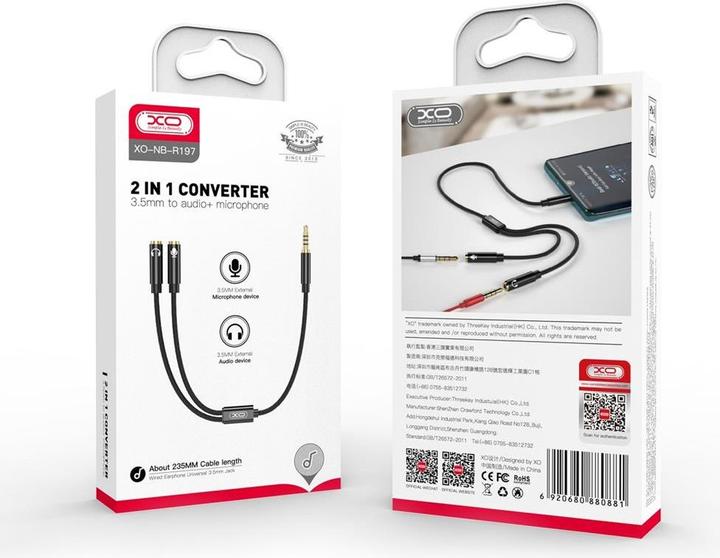 Actual product image xO audio cable 2in1 NB-R197 3.5mm jack - socket 3.5mm jack / microphone 0,23 m black (0.23 m)