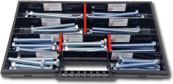 Actual product image Schraubenbox24 Hexagon bolts assortment M8 60mm-100mm 65 pcs screw box DIN 933/ISO4017 (65 Screws per piece)
