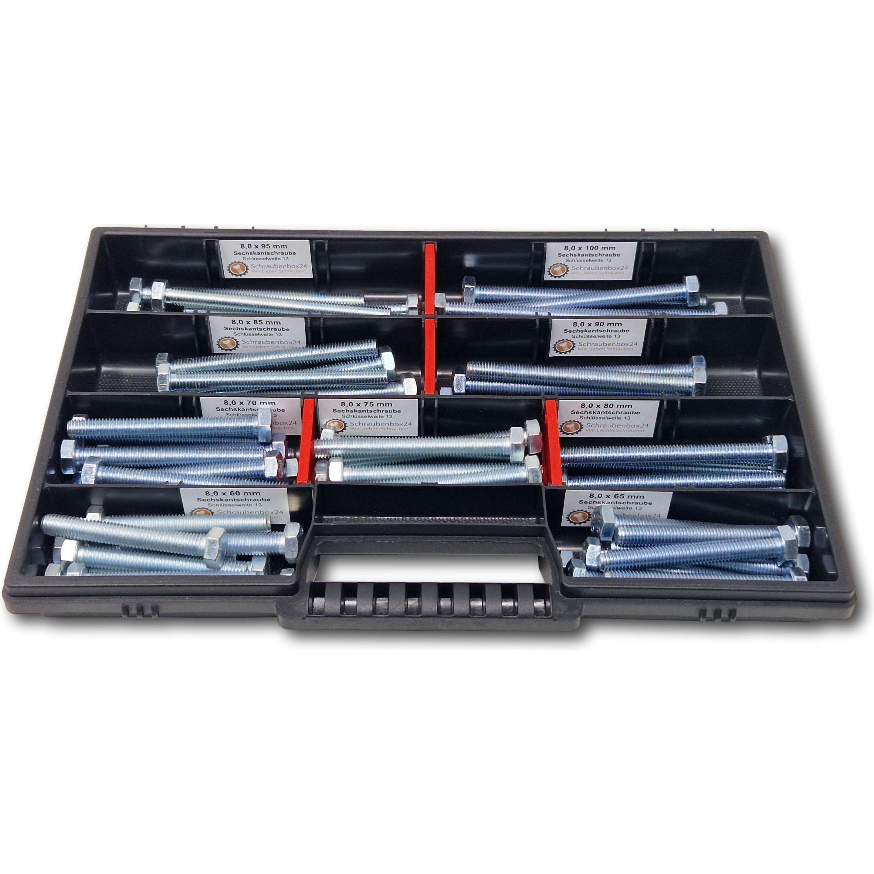 Schraubenbox24, Schrauben, Sechskantschrauben Sortiment M8 60mm-100mm 65 tlg Schraubenbox DIN 933/ISO4017 (65 Schrauben ...