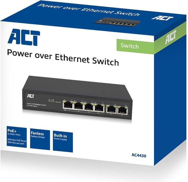 Productafbeelding ACT AC4430 Netwerkschakelaar Managed Fast Ethernet (10/100) Zwart Power over Ethernet (PoE) (6 Havens)