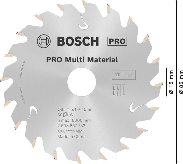 Image du produit Bosch Professional Zubehör Lame de scie circulaire PRO Multi Material cordless, 85 x 1,5 x 15 mm