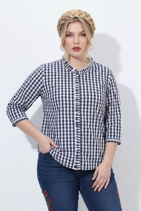Actual product image Ulla Popken Checked Ruffle Trim 3/4 Sleeve Button-Down Shirt (46)