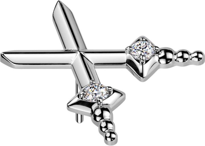Actual product image Star Piercing Threadless zwei Dolche gekreuzt silber Kristalle silber (without brass, Titanium)