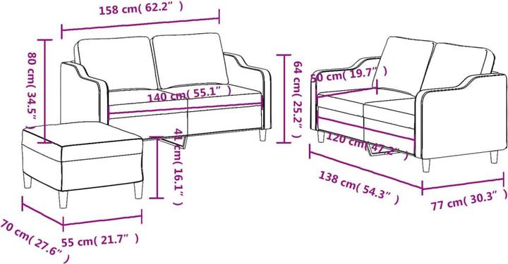 Produktbild VidaXL Sofagarnitur Kissen Sessel Sofa Couch Designsofa 3-tlg. Braun Stoff (3-Sitzer)