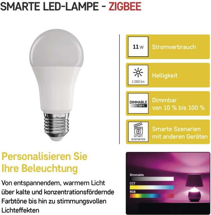 Produktbild Emos LED Lampe GoSmart A60 / E27 / 11 W (75 W) / 1 050 lm / RGB / dimmbar / Zigbee (E27, 11 W, 1050 lm, 1 x, F)