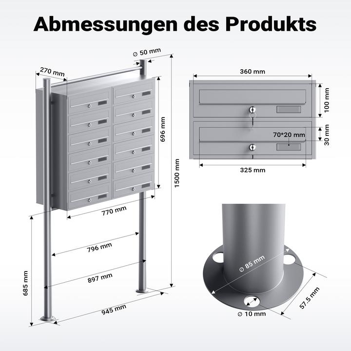 Produktbild Wiltec 12er Briefkastenanlage silberfarben 2x6 Standbriefkasten Briefkasten Post