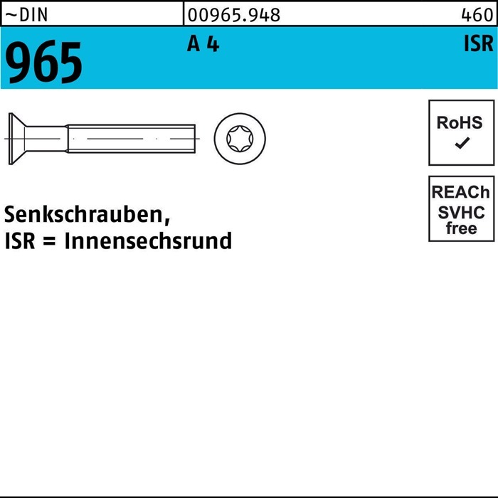 Produktbild Senkschraube DIN 965 Innensechsrund M 5 x 25 -T25 A 4 (500 Schrauben pro Stück)