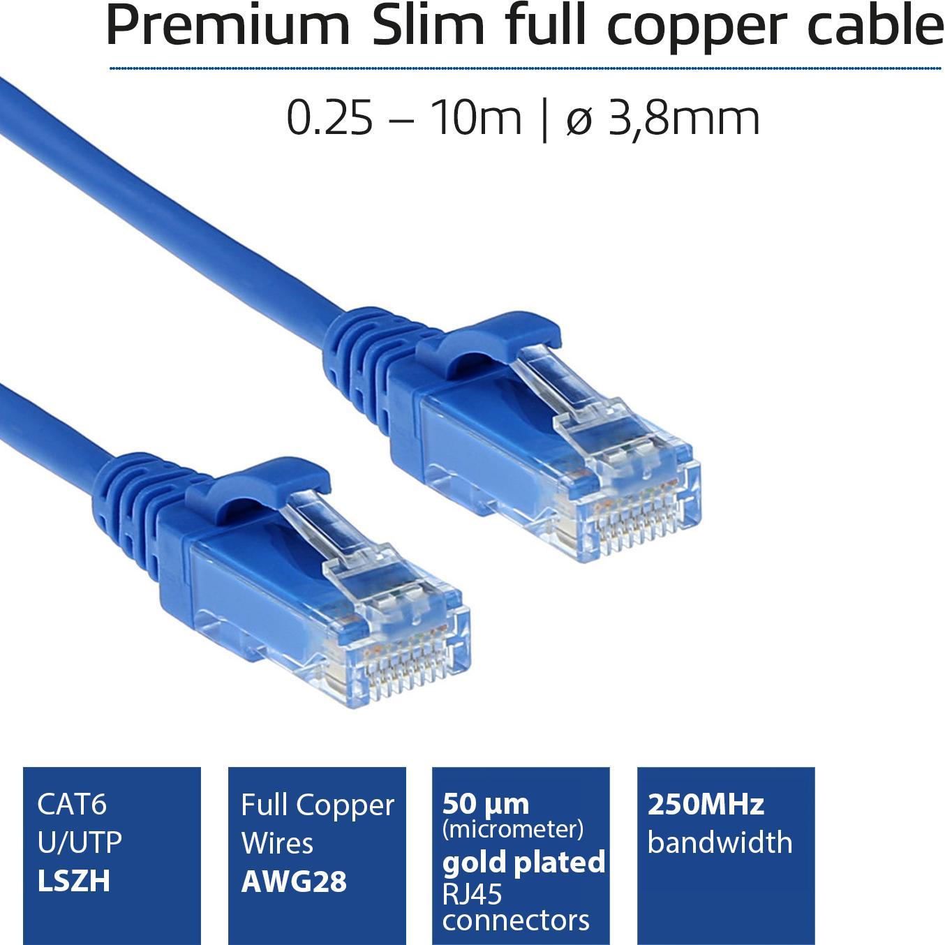 Thumbnail - ACT Blue 0.5 meter LSZH U/UTP CAT6 datacenter slimline patch cable snagless with RJ45 connectors (U/UTP, CAT6, 0.50 m), ...