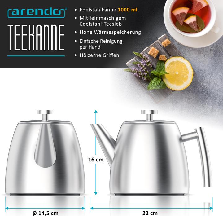 Produktbild Arendo Teekanne aus Edelstahl, Metallgriff, Siebeinsatz, 1L, Isolierkanne, Doppelwandig, Edelstahl Teesieb (1 l)