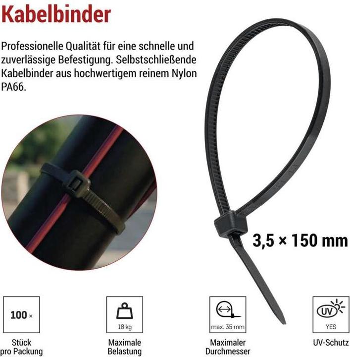 Produktbild Emos Kabelbinder 150×3,5, schwarz, 100 Stk (Kunststoffkabelbinder, 150 mm, 100 Stk.)