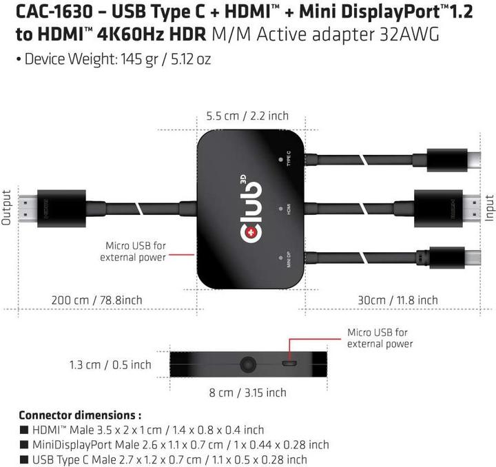 Actual product image Club 3D Active Adapter Multiport to HDMI 4K60Hz (HDMI, Mini DP, USB-C, 8 cm)
