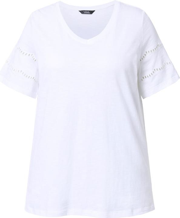 Immagine prodotto Ulla Popken T-shirt dal taglio svasato con ricami traforati, scollo a V e maniche ad aletta (42, 44)