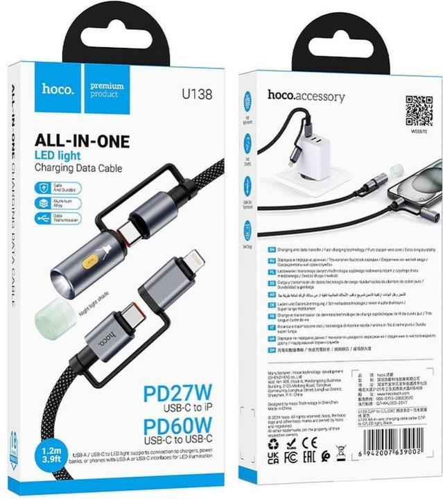 Produktbild Hoco Cable cable All-in-one Type C / Lightning to Type C / LED Light PD 3A 60W U138 1,2 m black (1.20 m, 60 W)