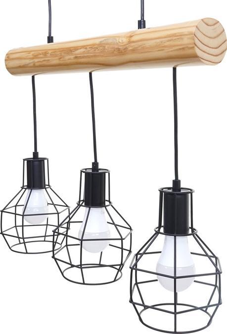 Image du produit Swisshandel24 Lampe à Suspendre, Industrial Vintage Bois Métal Noir - 3 Abat-jour Grille (E27)