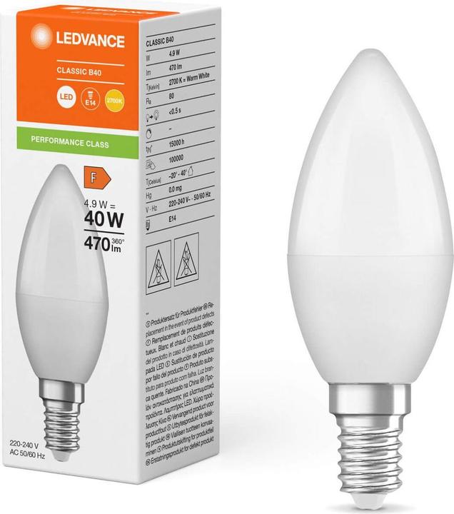 Energy Label Ledvance LED candle lamp (E14, 4.90 W, 470 lm, 10 x, F)