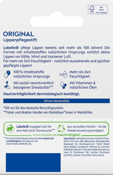 Valori nutrizionali e ingredienti LABELLO Original (Stick per la cura delle labbra, 4.80 ml)