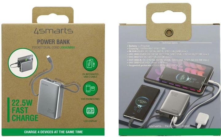 Produktbild 4smarts Powerbank Pocket Dual Cord (20000 mAh, 22.50 W, 77 Wh)