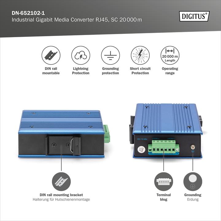Image du produit Digitus Industrial Gigabit Media Converter RJ45, SC 20 km
