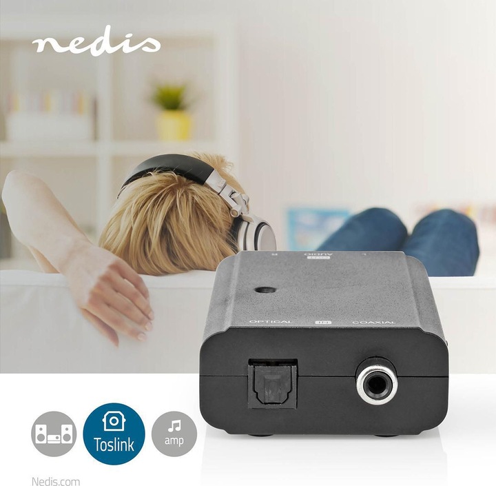 Immagine prodotto Nedis Connessioni a 2 vie del convertitore audio digitale - Ingresso: 1x S / PDIF (RCA) jack / 1x TosLink (0.05 m, Ottico)