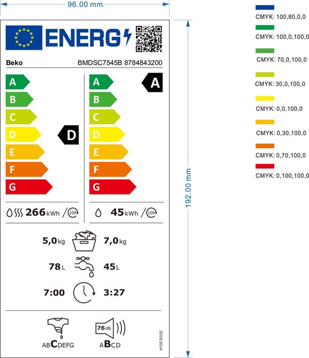 Label énergétique Beko Waschtrockner Slim 7/5 Kg, 1400 Umdrehungen