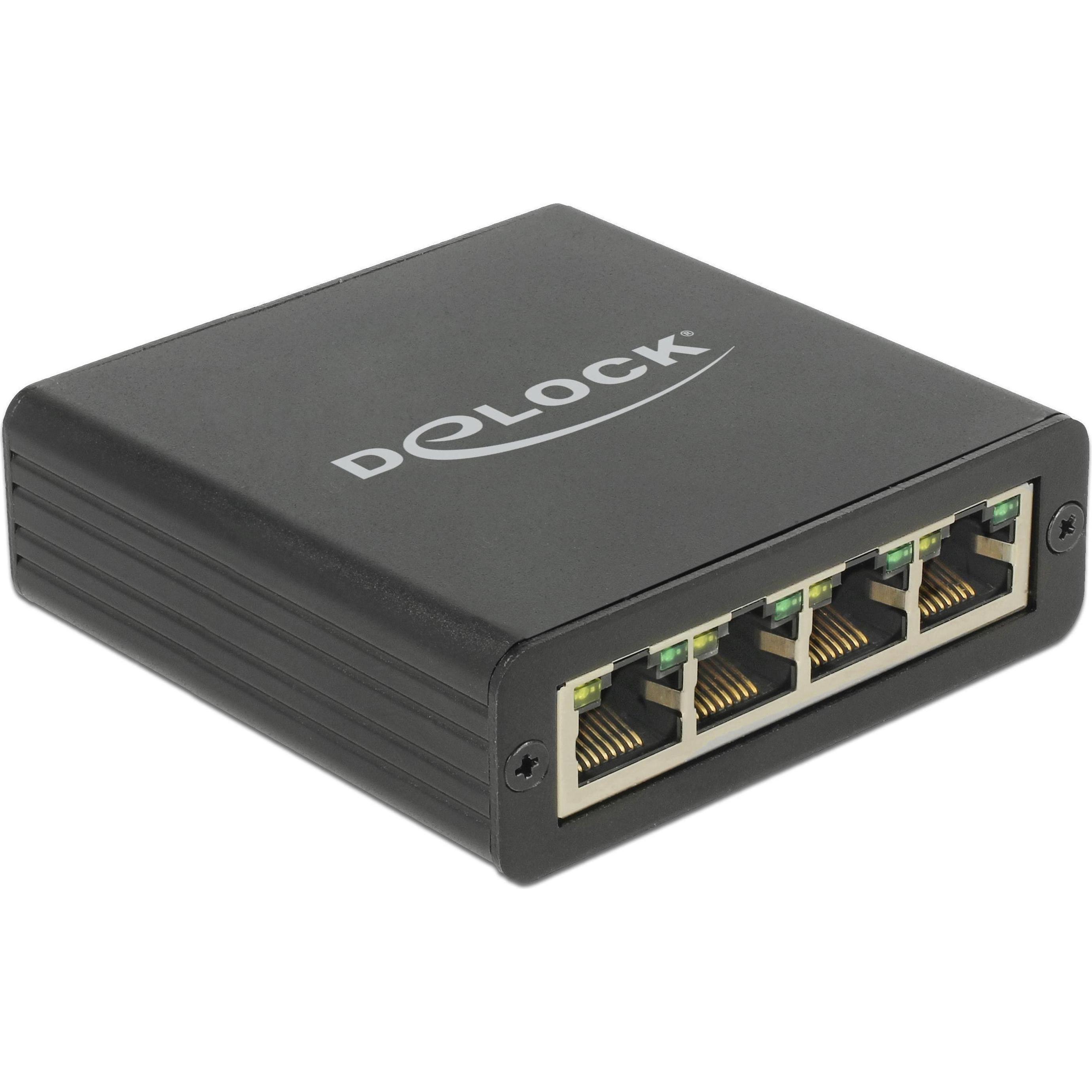 Delock 62966 (USB 3.0, RJ45 Gigabit Ethernet (4x)), Netzwerkadapter, Schwarz