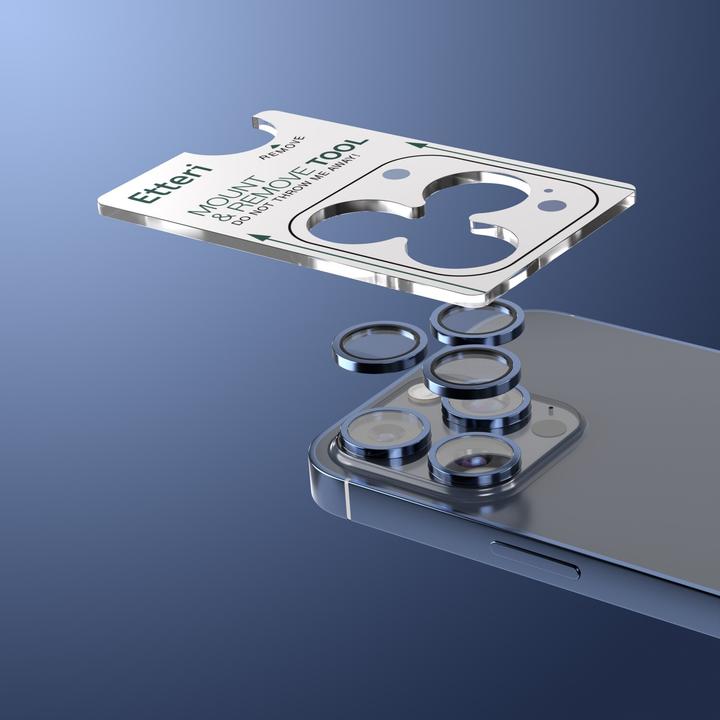 Actual product image Etteri camera lens protector for iPhone 15 Pro / 15 Pro Max deep blue (3 pcs., Apple iPhone 15 Pro, Apple iPhone 15 Pro Max)