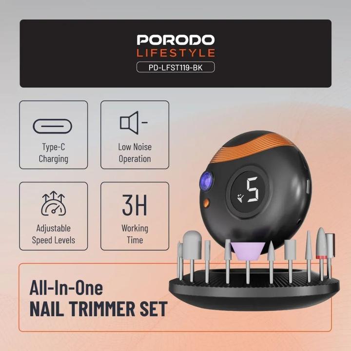 Actual product image Porodo 3-in-1 Electric Nail Multifunktionales Maniküre- und Pediküre-Werkzeug mit 11-teiligem Set