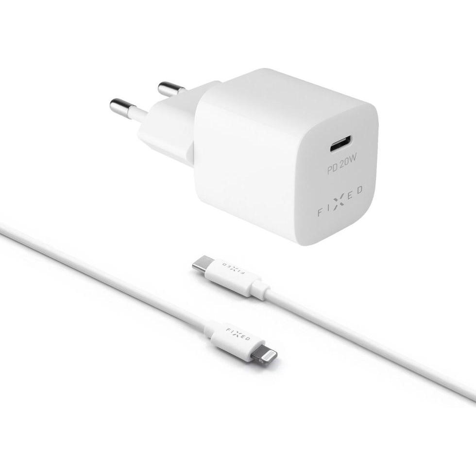 Fixed Mini USB-C Travel Charger 20W+ USB-C/Lightning Cable, White (20 W), USB Ladegerät, Weiss