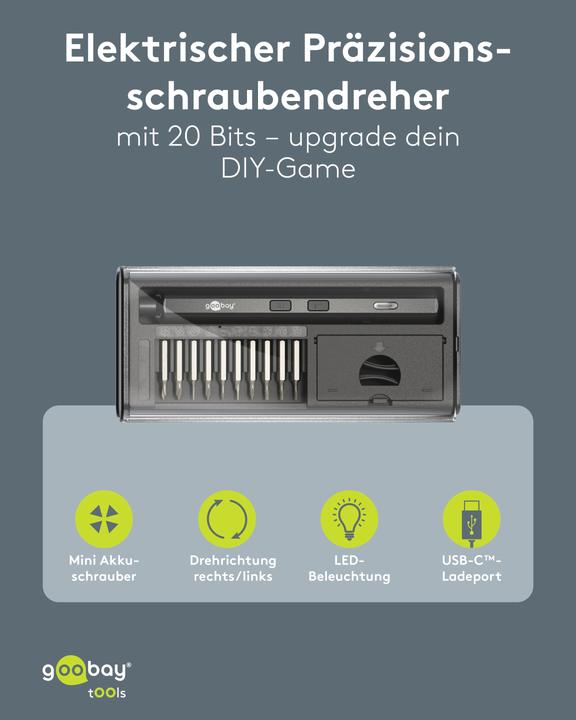 Actual product image Goobay Elektrischer Schraubendreher mit 20-tlg. Präzisions-Bitsatz (Hexagon socket round, Phillipps cross recess (PH), Tri-wing)