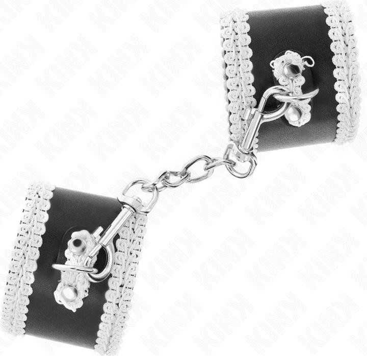 Actual product image Kink Black Wrist Cuffs With White Decorated Lace, Adjustable 20-23 cm X 5.5 cm