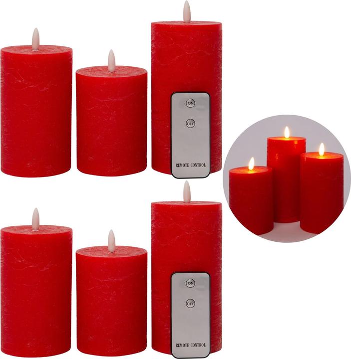 Produktbild Novaliv 6er Set Led Kerzen 7,5cm ø Kerze flackernde Flamme mit Fernbedingung ROT 15 cm + 12,5 cm + 10 cm Höh (6x)