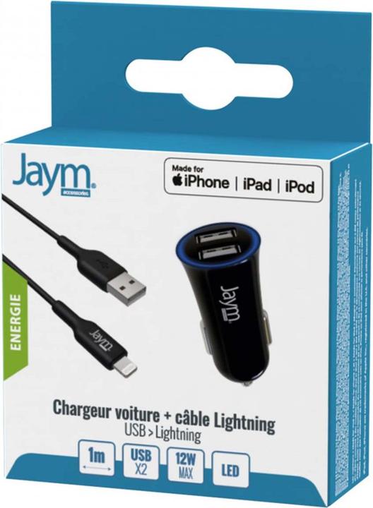 Produktbild Jaym PACK CHARGEUR VOITURE 2 USB-A 12W 12-24V + CABLE USB-A VERS LIGHTNING MFI 1M NOIRS - ®**