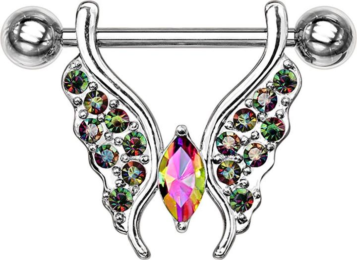 Immagine prodotto Star Piercing Barbell silber Schmetterling mit Kristallen dunkel multicolor (Acciaio chirurgico 316L, Ottone)