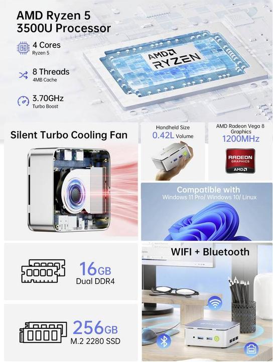 Produktbild GMKtec Mini PC, AMD Ryzen™ 5 3500U (16+256GB @DDR4, WIN 11 Pro) Mini PC (256 GB, 16 GB, AMD Ryzen 5 3500U)