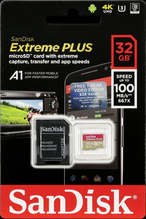 Productafbeelding SanDisk microSDHC 100MB A1 32GB Extreme Plus (32 GB, microSDHC, U3, UHS-I)