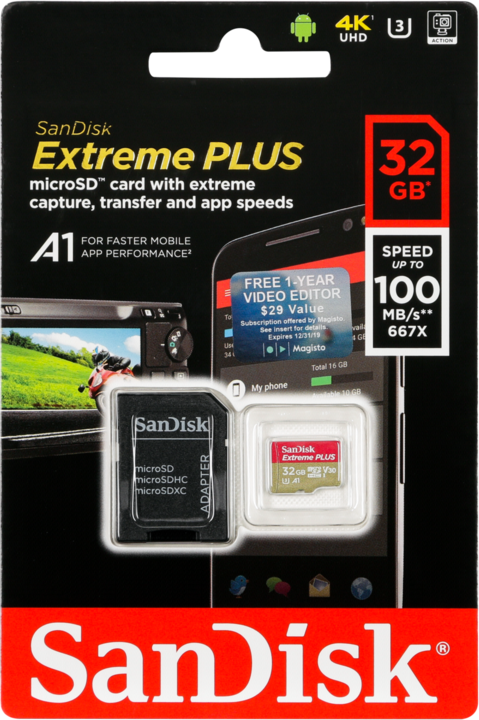 Productafbeelding SanDisk microSDHC 100MB A1 32GB Extreme Plus (32 GB, microSDHC, U3, UHS-I)