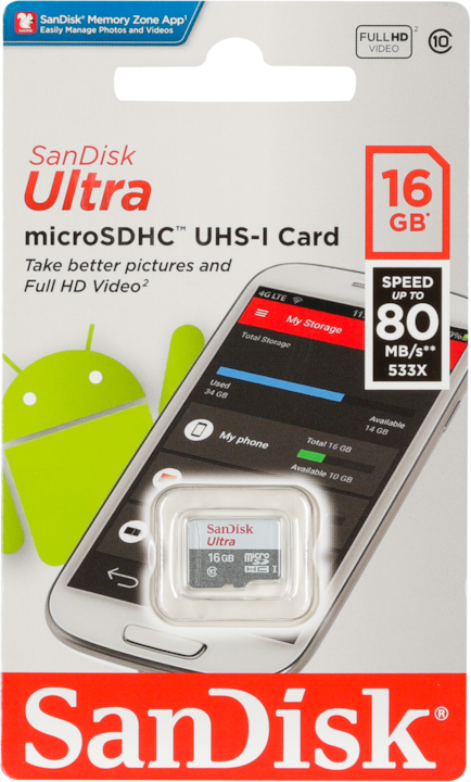 Image du produit SanDisk Ultra microSDHC 16GB 80MB/s Cl. 10 (16 Go, microSDHC, U1, UHS-I)