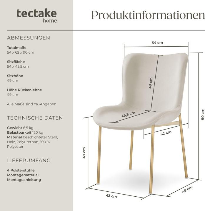 Immagine prodotto tectake Set di 4 sedie imbottite Tessa, effetto velluto, ergonomiche, bianco/dorato