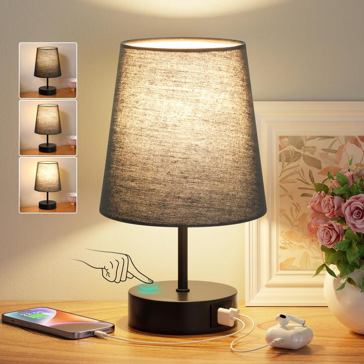 Produktbild Alopini Bedside Lamp Touch Dimmable, USB A+C Charging Function, Table Lamp with Lampshade (E27)