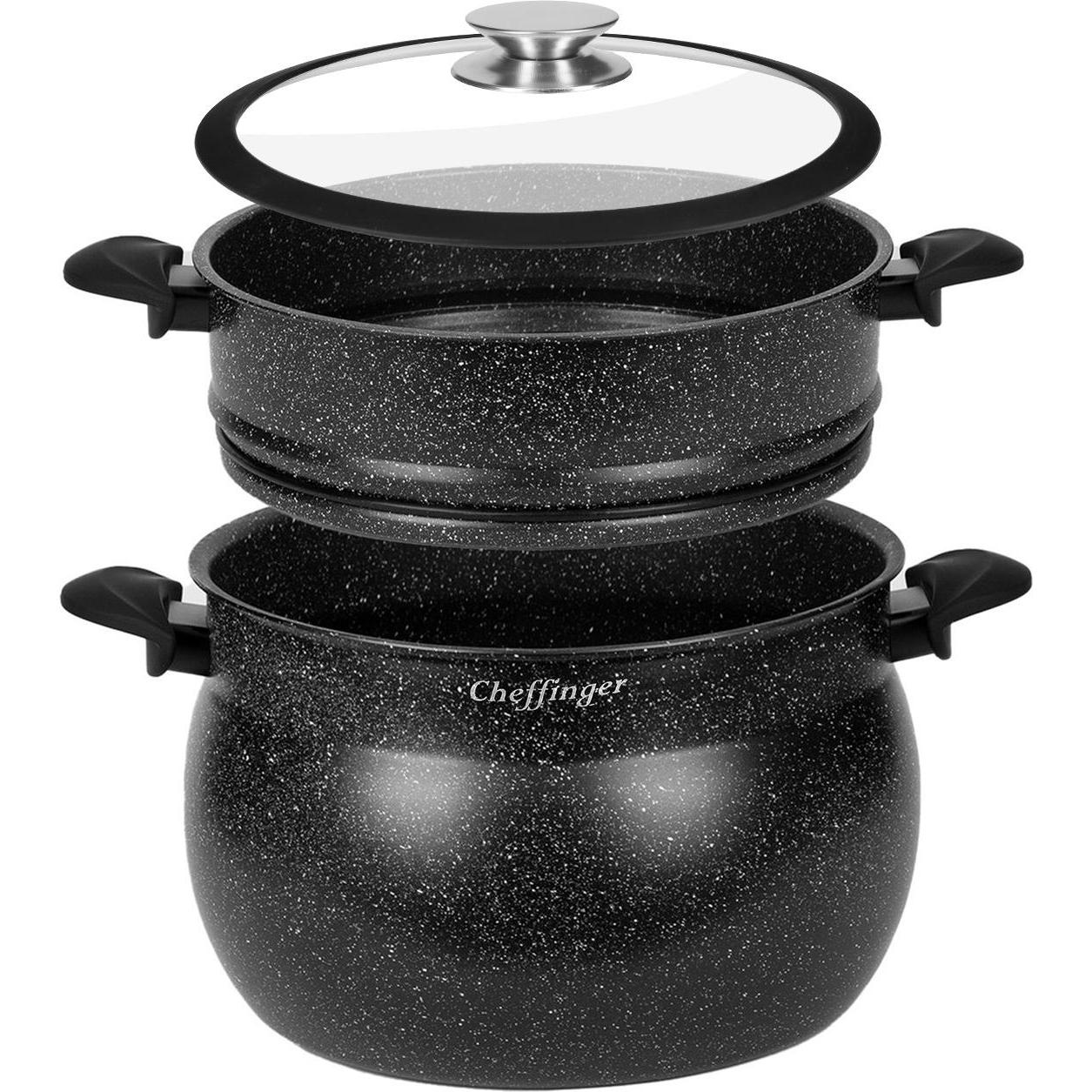 Cheffinger Couscous-Topf mit Dampfgarer Innen Antihaftbeschichtung und Marmor-Effekt-Beschichtung 6L, Pfanne + Kochtopf,...