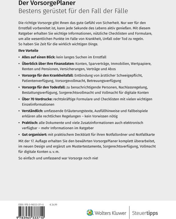 Nährwerte und Zutaten Steuertipps Der VorsorgePlaner (Deutsch, Otto N. Bretzinger, 2024)