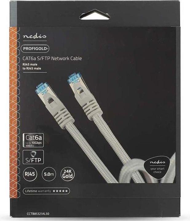 Actual product image Nedis Cat 6a Cable S/FTP RJ45 Plug RJ45 Plug 10.0 m Snagless Round Braided/PVC Silver Packaging (S/FTP, CAT6, 10 m)