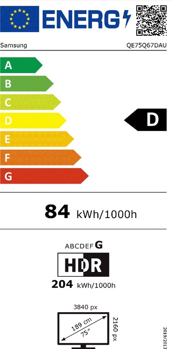 Energie-Label Samsung Q67D QE75Q67DAUXXH Fernseher 190 5 cm (75 ) 4K Ultra HD Smart-TV WLAN Grau Titan (75", QLED, 4K, 2024)