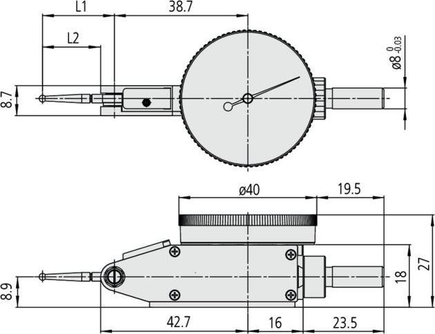 Produktbild Mitutoyo Fühlhebelmessgerät Tastarmlänge 15,2 mm, Messbereich je Richtung / Gehäuse-⌀: 0,1/40 mm