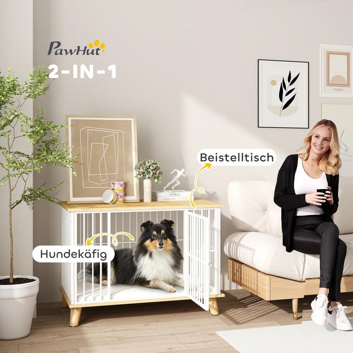 Immagine prodotto PawHut Hundekäfig Stahl, Spanplatte Weiss+Eiche (Cuccia per cani)