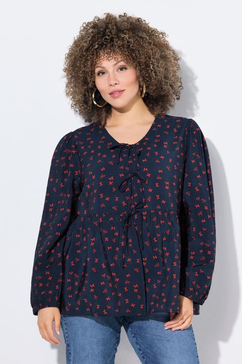 Image du produit Ulla Popken Blouse coupe évasée, imprimé petits noeuds, décolleté en V et manches longues (46, 48)